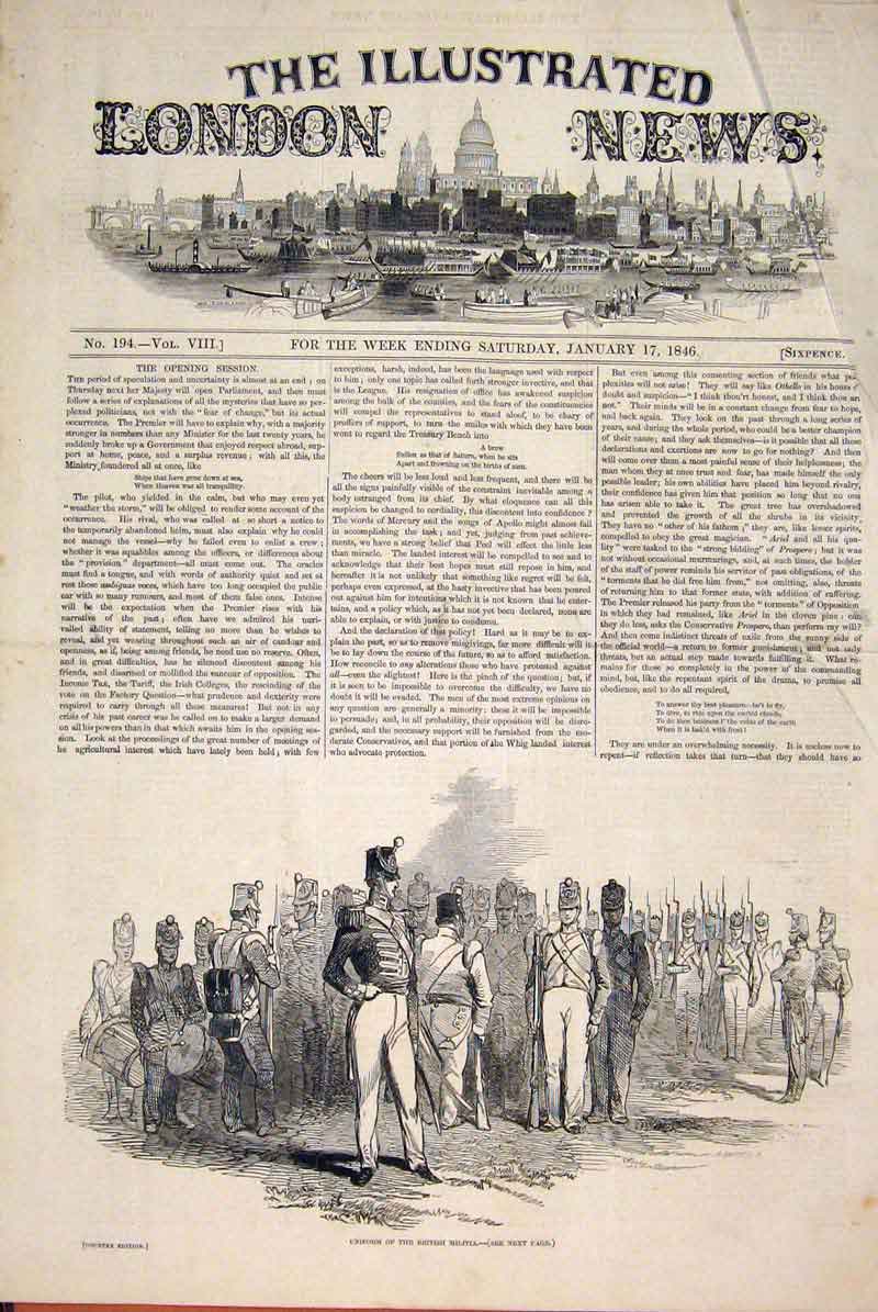 Original Old Antique Print Uniform British Militia England 1846 19th