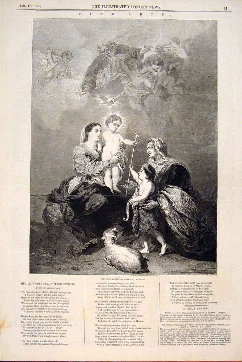 Original Old Antique Print Holy Family Murillo Seville Louvre Fine Art 1846 19th