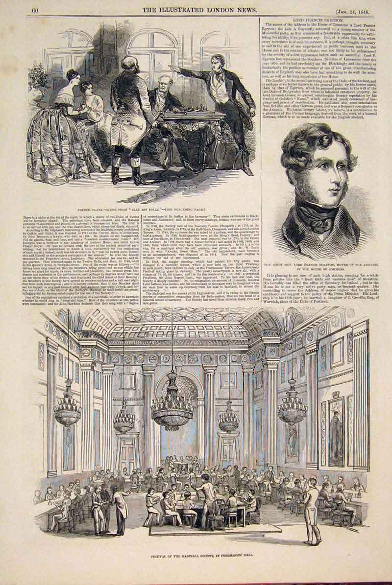 Original Old Antique Print Theatre Portrait Egerton Fesitval Madrigal Freemasons