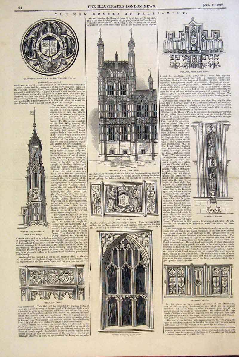 Original Old Antique Print Houses Parliament Buildings Window Parapet Arch 1846