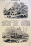 Original Old Antique Print Agriculture Straw Yard Berkshire Terrible War Steamer