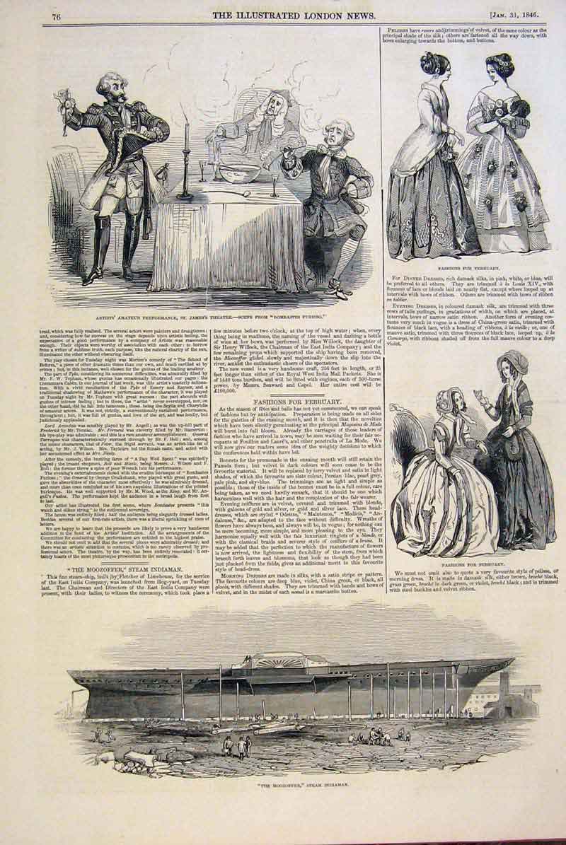 Original Old Antique Print Theatre Fashion Ladies Moozoffer Steam Indiaman 1846