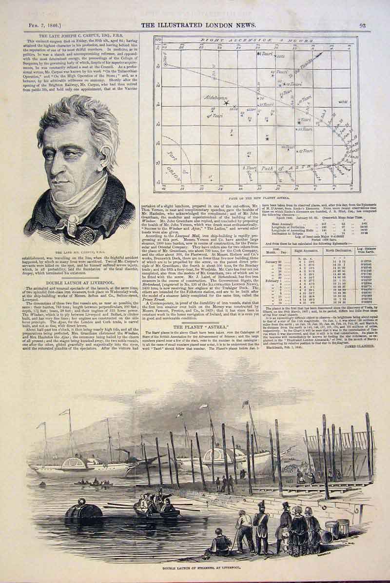 Old Antique Print Portrait Carpue Surgeon Planet Astrea Steamer Liverpool