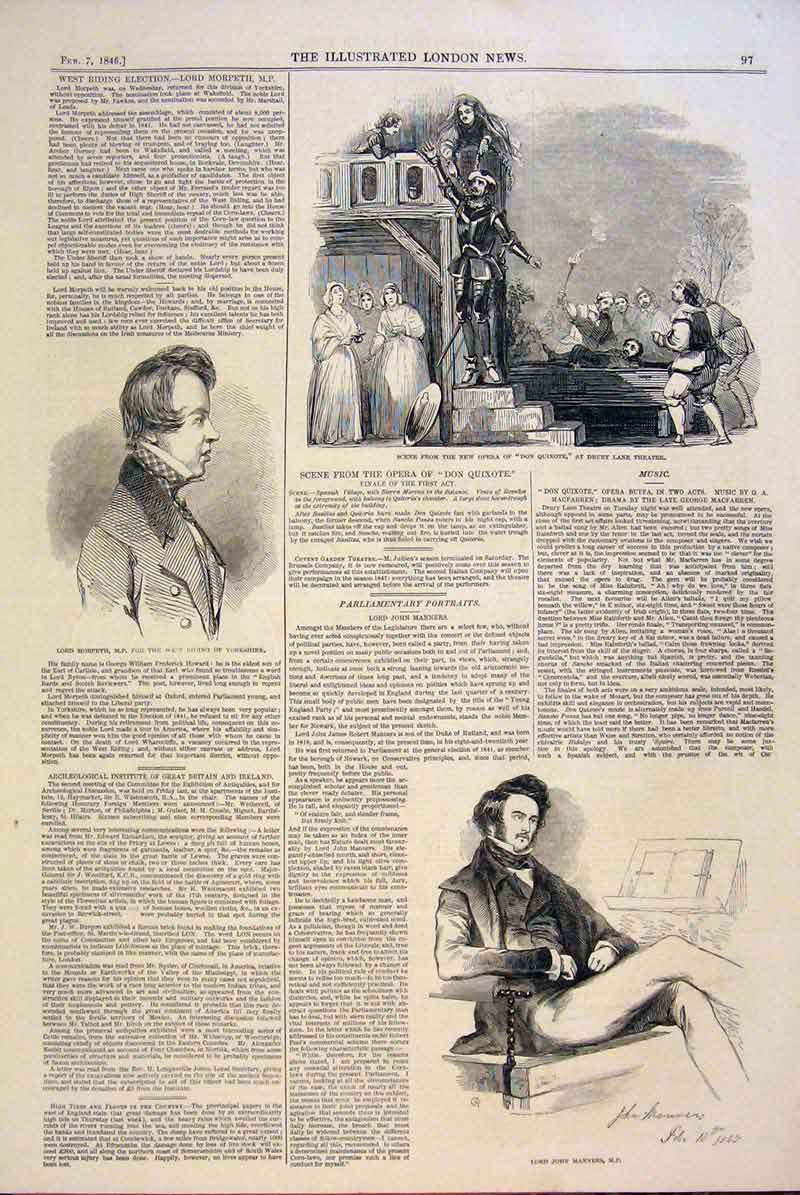 Old Antique Print Theatre Don Quixote Portrait Manners Morpeth Parliament