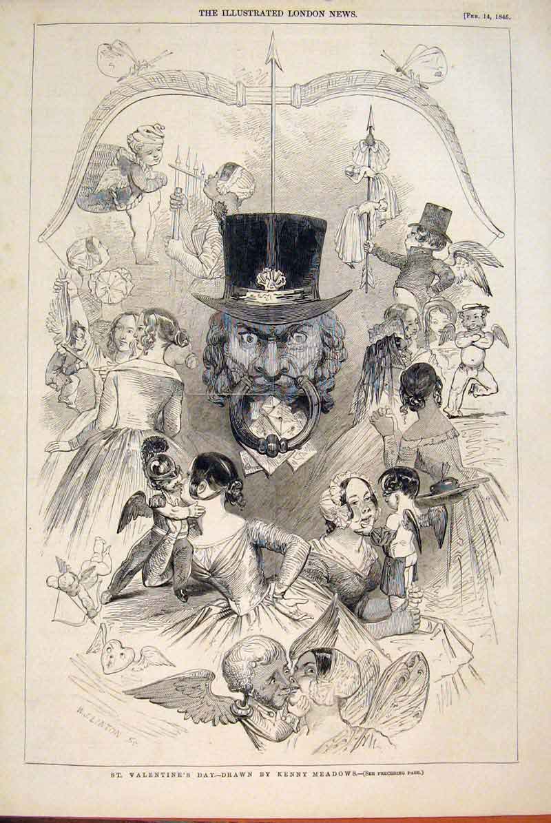 Original Old Antique Print St Valentine'S Day Kenny Meadows Cupid Fine Art 1846