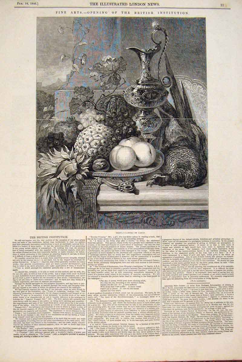 Original Old Antique Print Fruit Lance Sill Life Painting Fine Art 1846 19th
