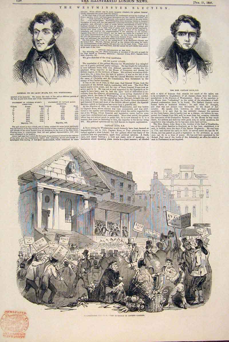 Original Old Antique Print Westminster Election Evans Rous Covent Garden 1846