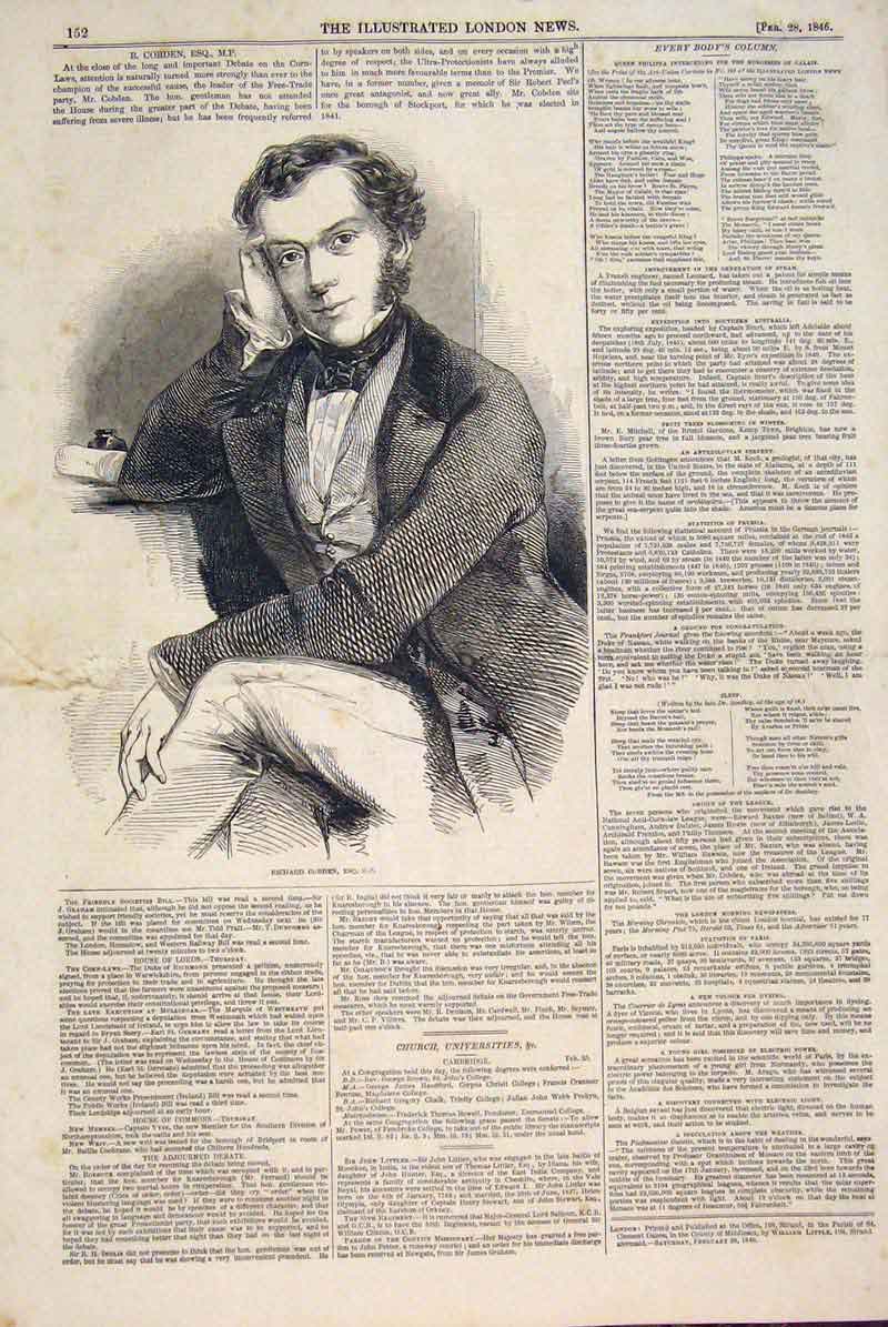 Original Old Antique Print Portrait Rishard Cobden Free Trade Party 1846 19th