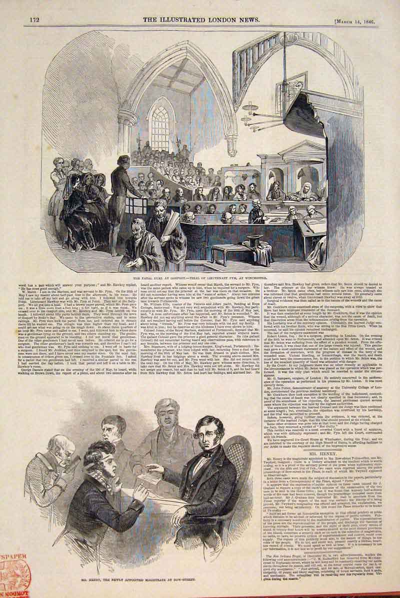 Original Old Antique Print Gosport Duel Pym Winchester Henry Magistrate Bow 1846