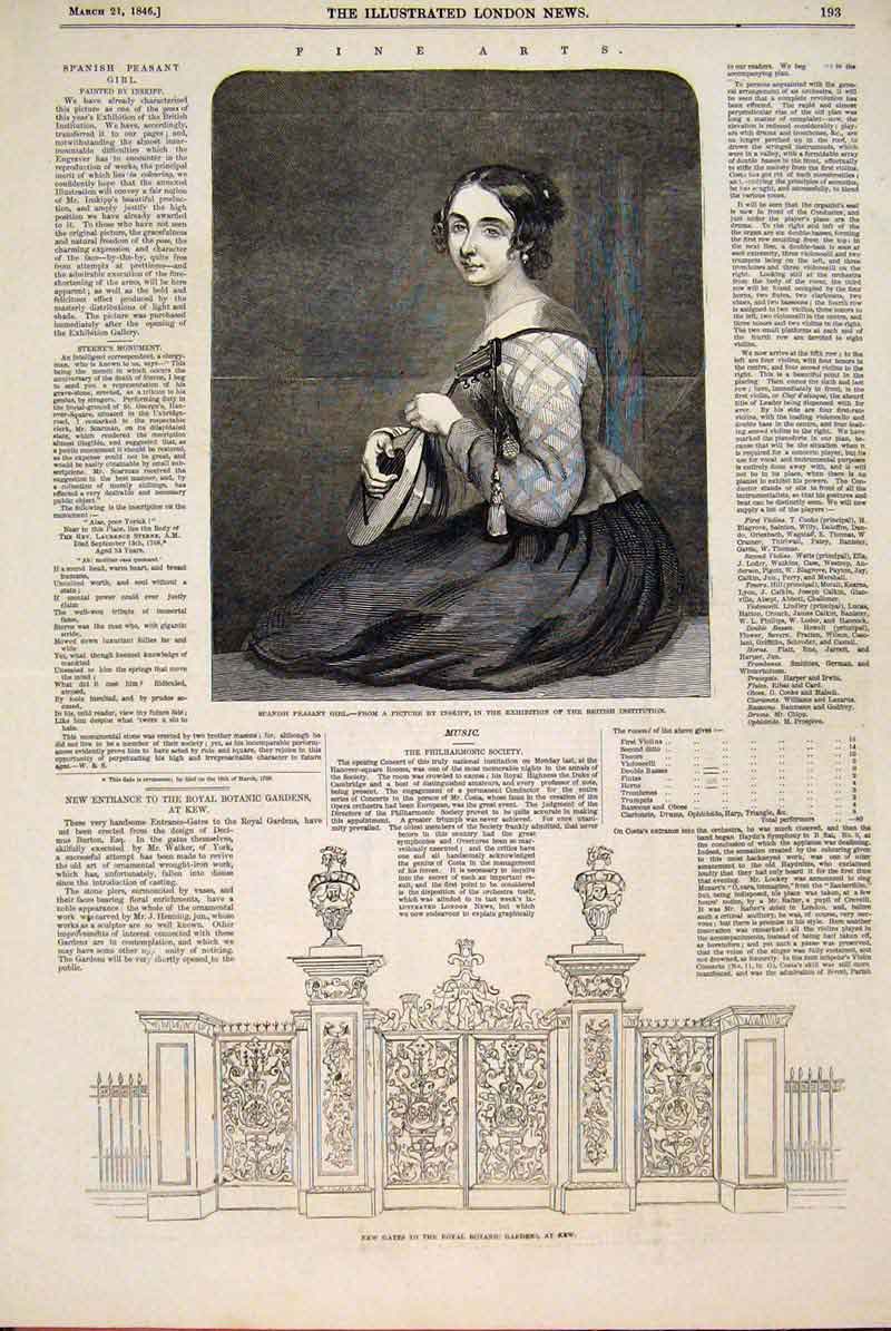 Old Antique Print Spanish Peasant Girl Inskipp Art 1846 Gates Kew Gardens 19th