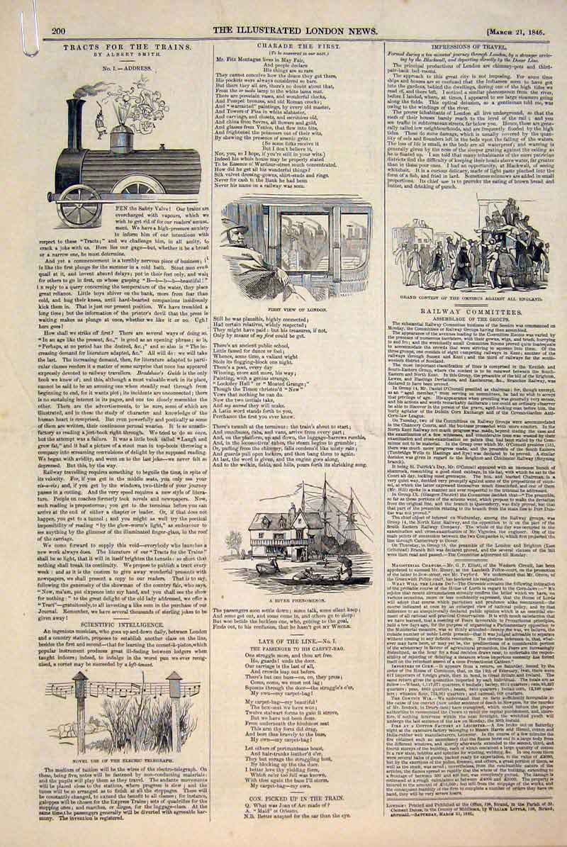 Original Old Antique Print Tracks Trains Smith Railway Charade Telegraph 1846