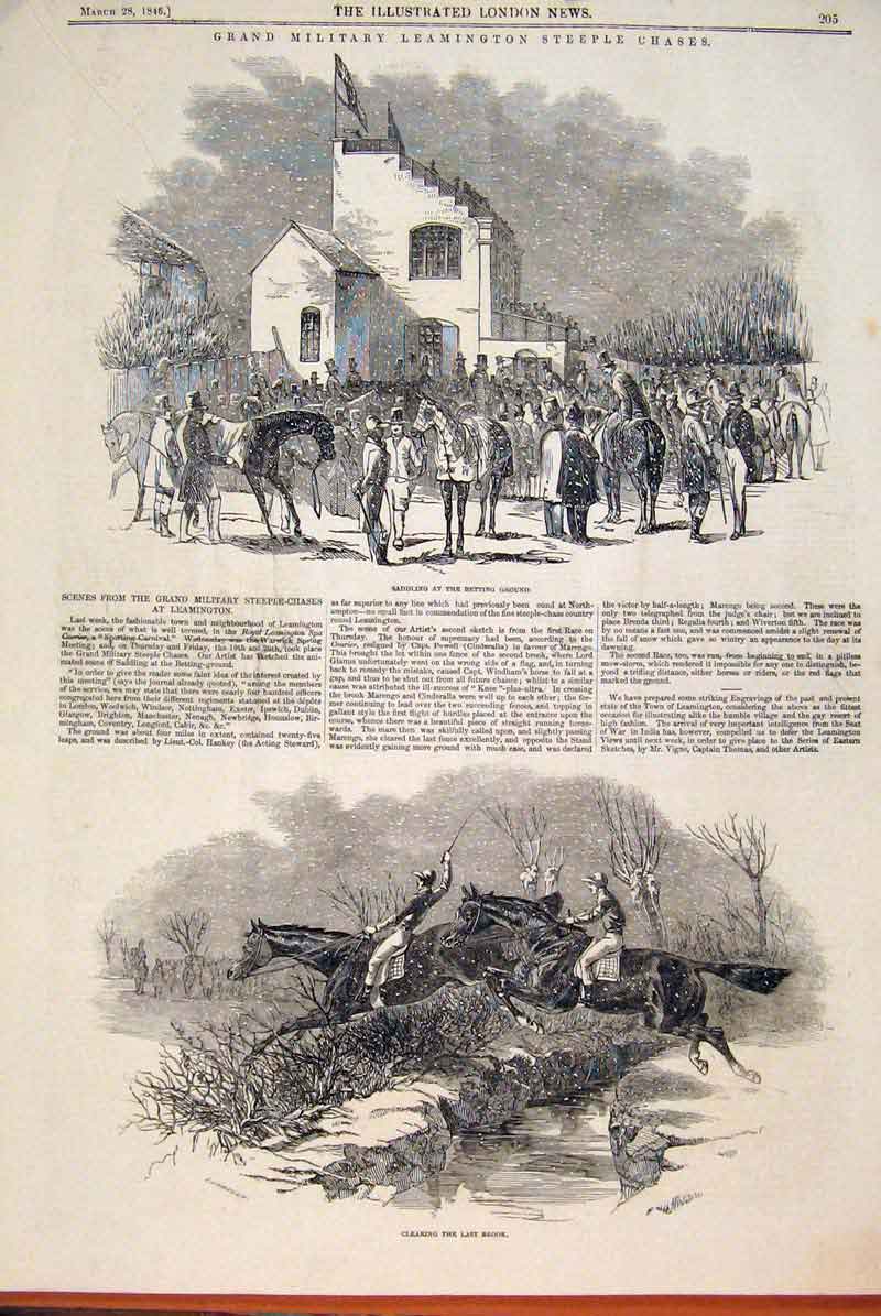 Original Old Antique Print Grand Military Leamington Steeple Chase Horse 1846