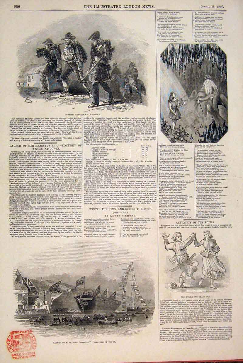 Original Old Antique Print Spanish Siers Prisoner Contest Cowes King Poet Polka