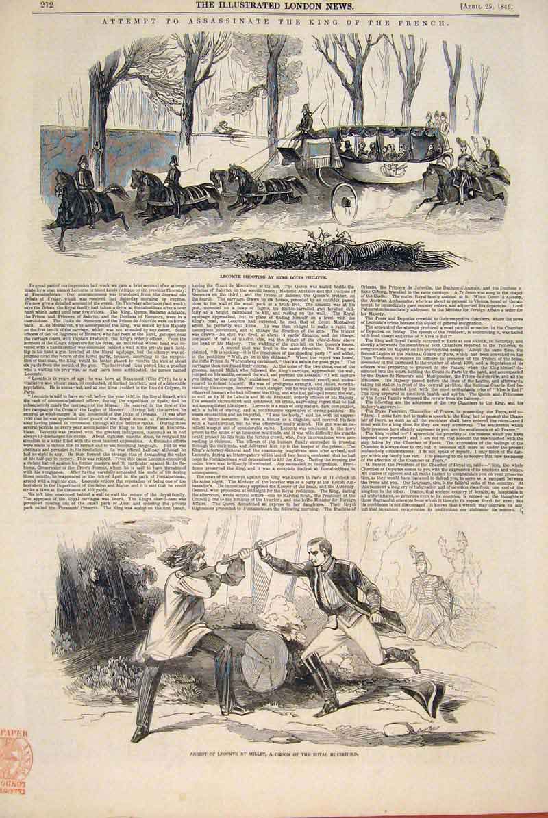 Original Old Antique Print Lecomte Millet King Louis Philippe Assasination 1846
