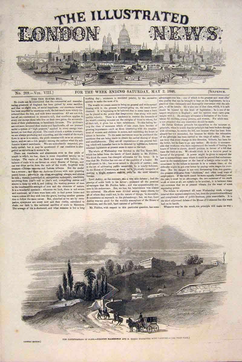 Original Old Antique Print Viscount Palmerston Thiers Paris Mont Valerien 1846