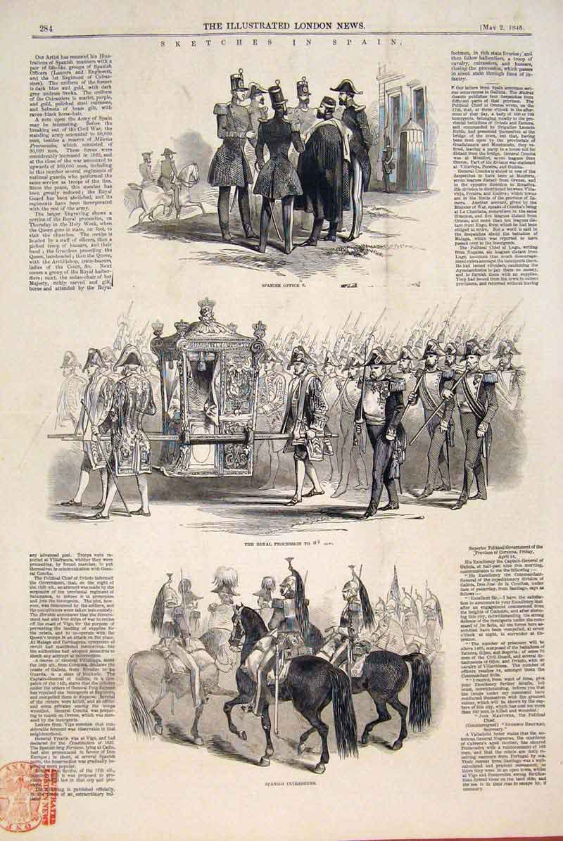Old Antique Print Spain Spanish Officers Royal Procession Cuirassier 1846 19th