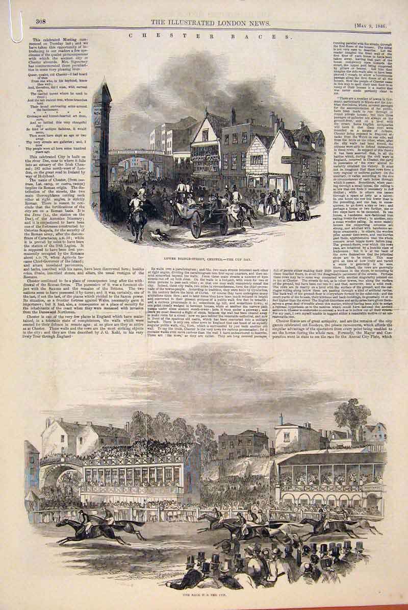 Original Old Antique Print Cester Races Bridge Street Brotherton Mace 1846 19th