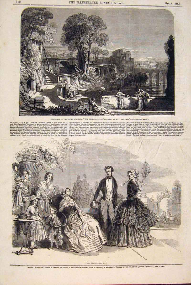 Old Antique Print Leitch Villa Fountain Royal Academy Paris Fashions 1846 19th