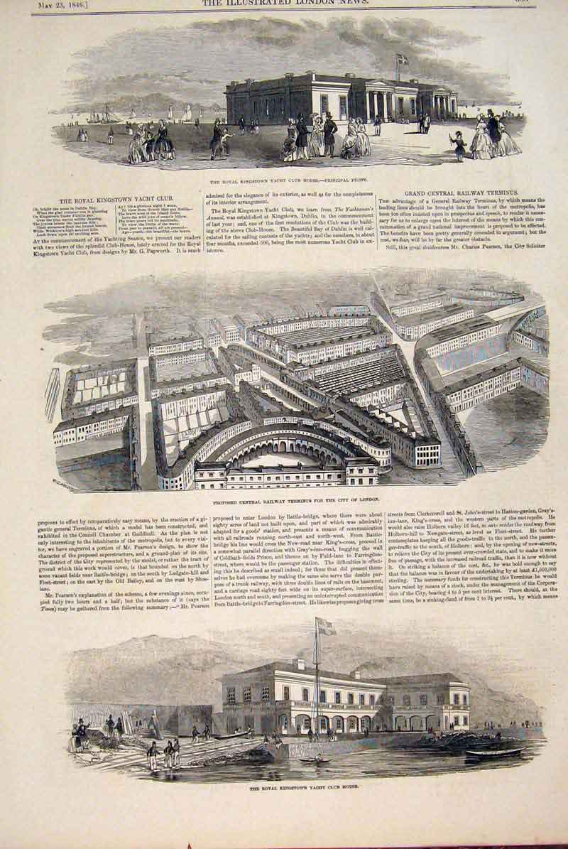 Original Old Antique Print Kingstown Yacht Railway Terminus Building London 1846