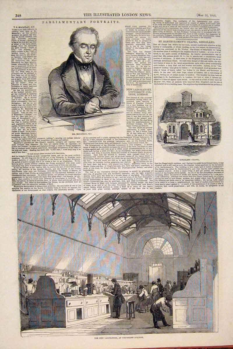 Old Antique Print Portrait Macaulay Kingsland Laboratory University 1846 19th