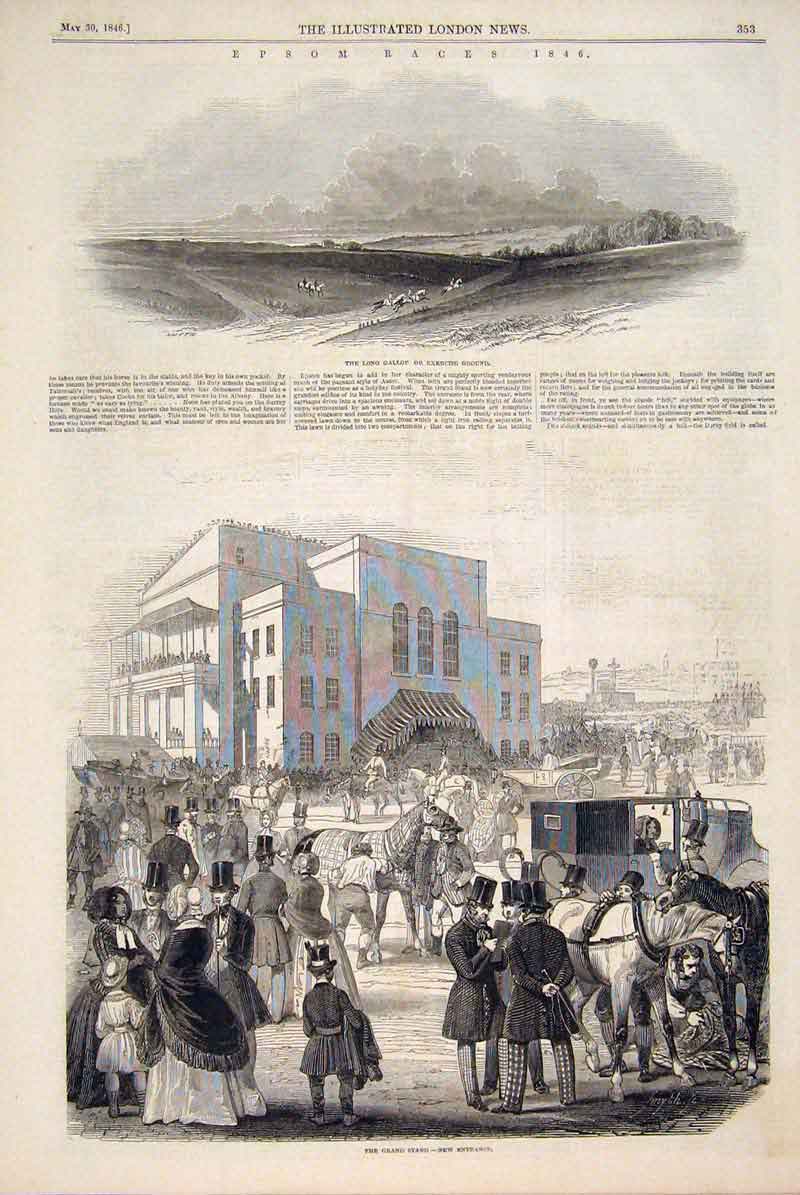 Old Antique Print Epsom Races Grand Stand Weighing Room Horse Race 1846 19th