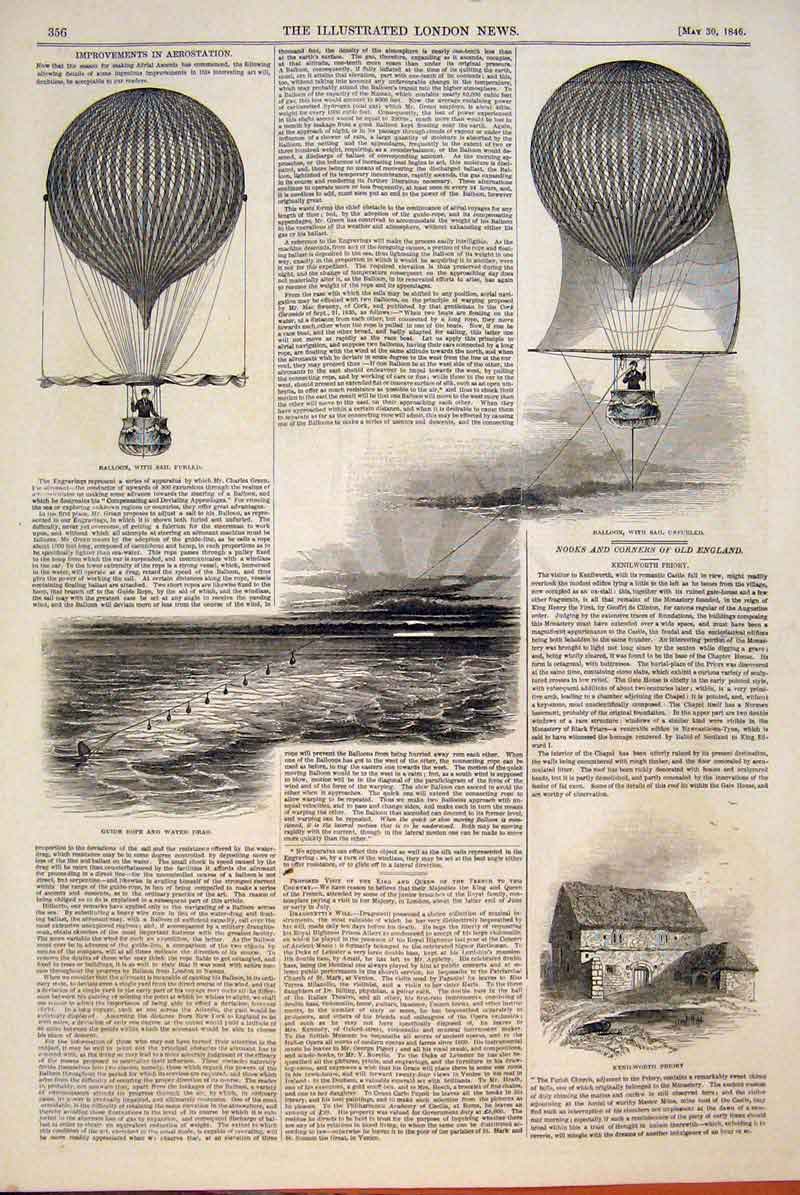 Original Old Antique Print Balloon Aerostation Sail Green Kenilworth Priory 1846