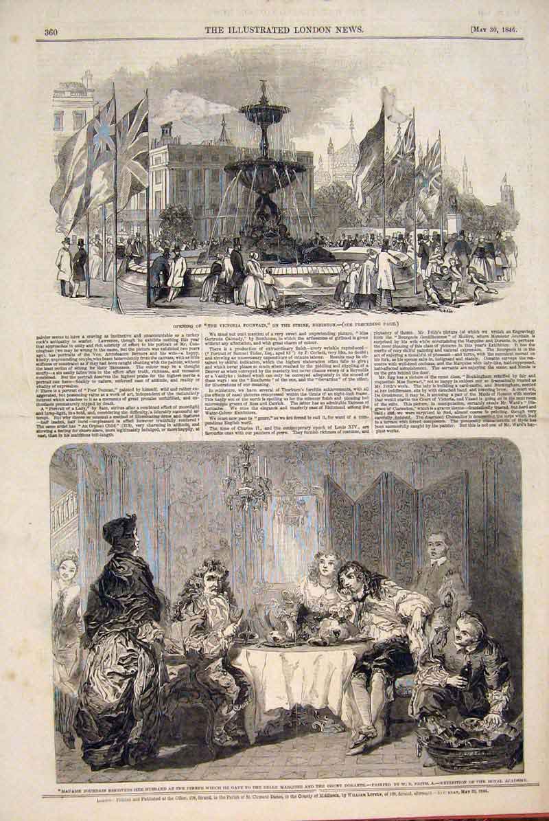 Old Antique Print Victoria Fountain Brighton Jourdain Marquise Frith 1846 19th