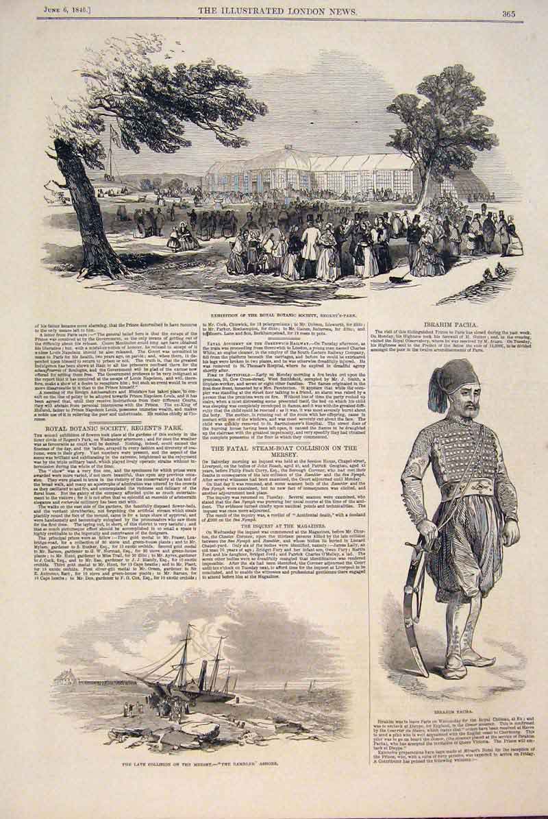 Original Old Antique Print Royal Botanic Regent'S Park Ibrahim Pacha Ship Mersey