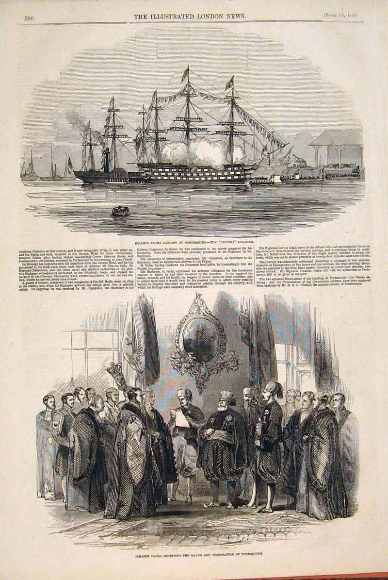 Original Old Antique Print Victory Ship Portrsmouth Ibrahim Pacha Mayor 1846