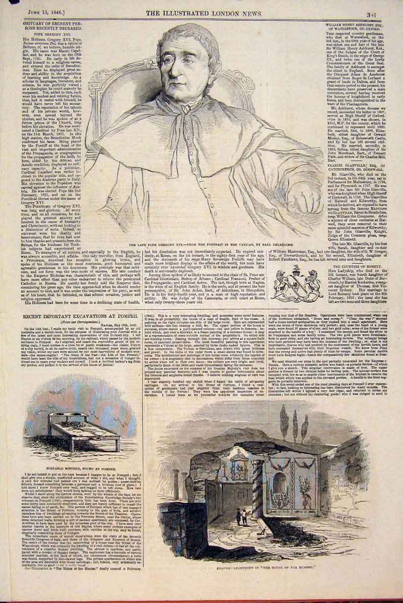 Old Antique Print Portrait Pope Gregory Vatican Pompeii Ruins Itlay 1846 19th
