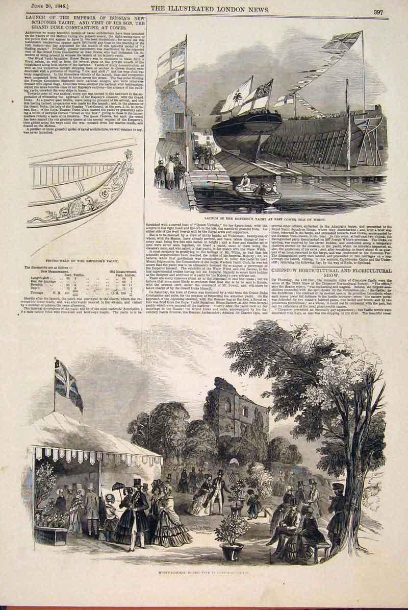 Original Old Antique Print Isle Wight Emperor Yacht Fete Chepstowe Castle 1846