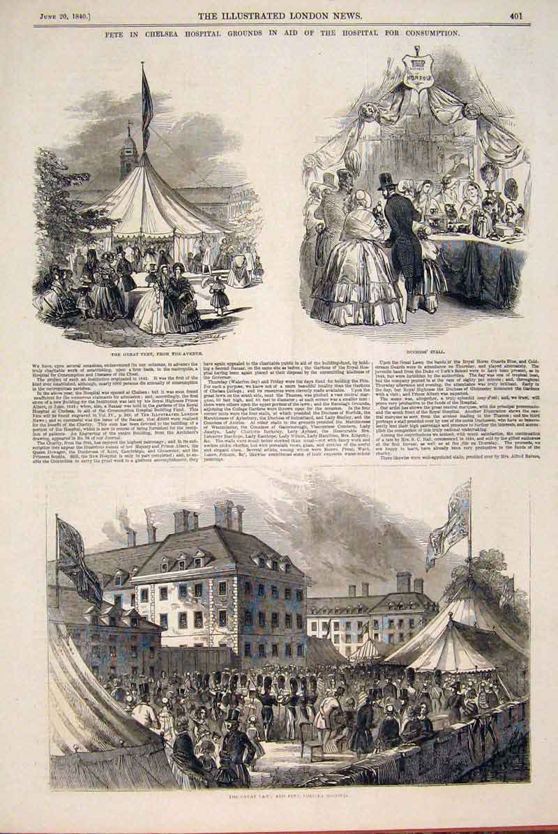 Original Old Antique Print Fete Chelsea Hospital Consumption Tent 1846 Victorian