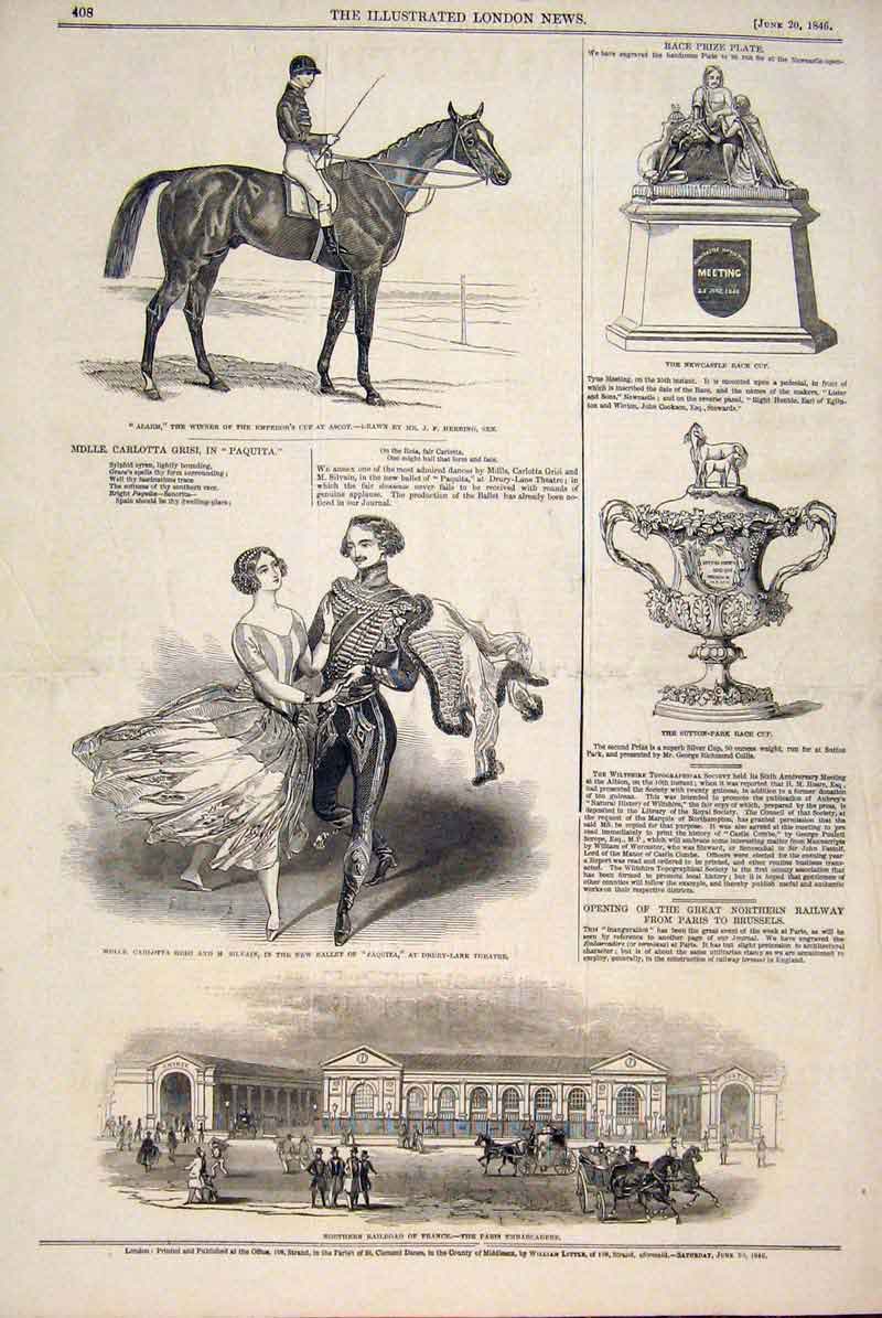 Old Antique Print Alarm Horse Herring Theatre Railway Paris Station 1846 19th