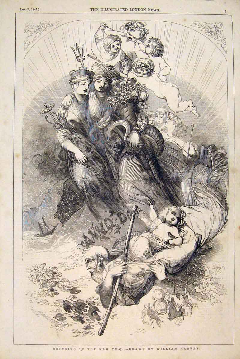 Original Old Antique Print New Year Harvey Sketch Drawing Fine Art 1847 19th