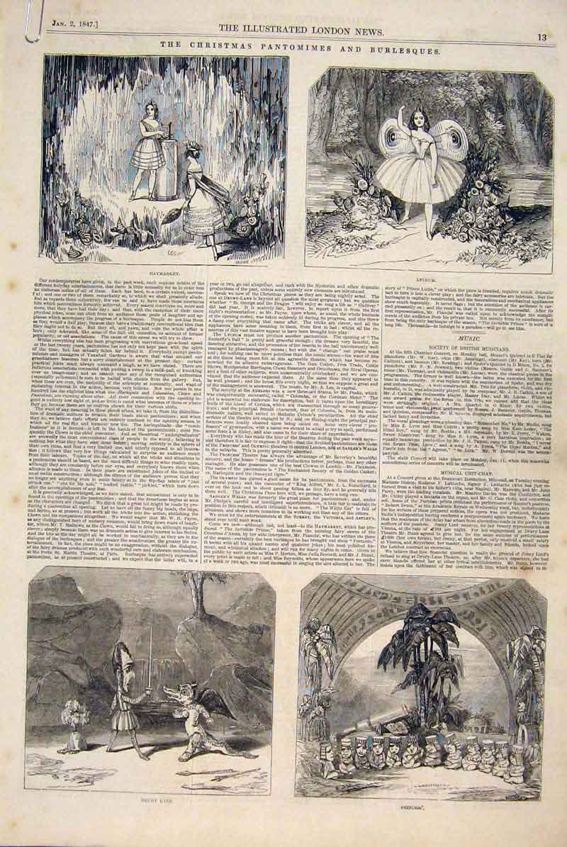 Original Old Antique Print Christmas Pantomimes Theatre Burlesques Opera Harpe