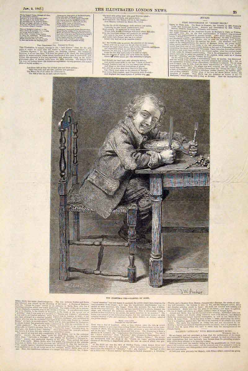Original Old Antique Print Christmas Pie Hunt Fine Art 1847 19th