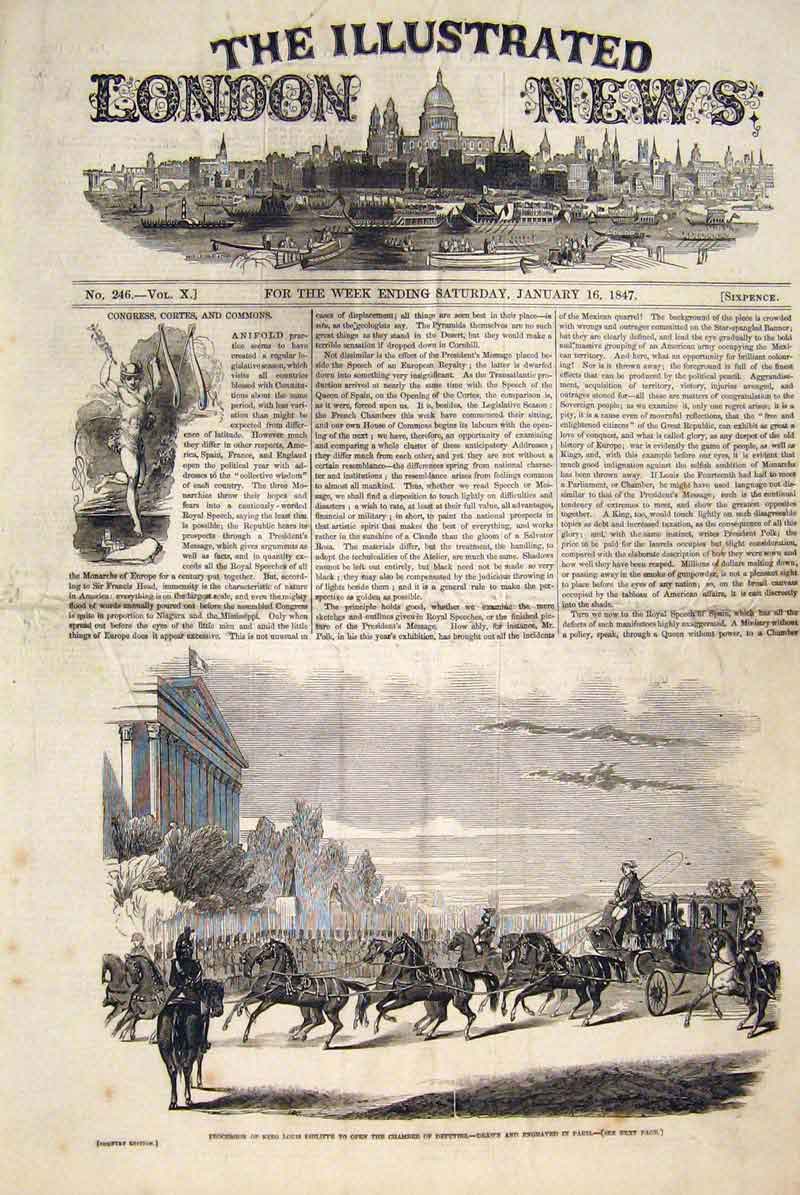 Old Antique Print Procession King Philippe Chamber Deputies Paris France