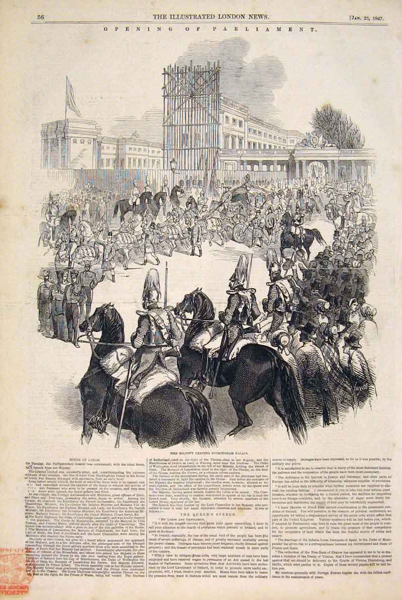 Original Old Antique Print Parliament Buckingham Palace London House Lords 1847