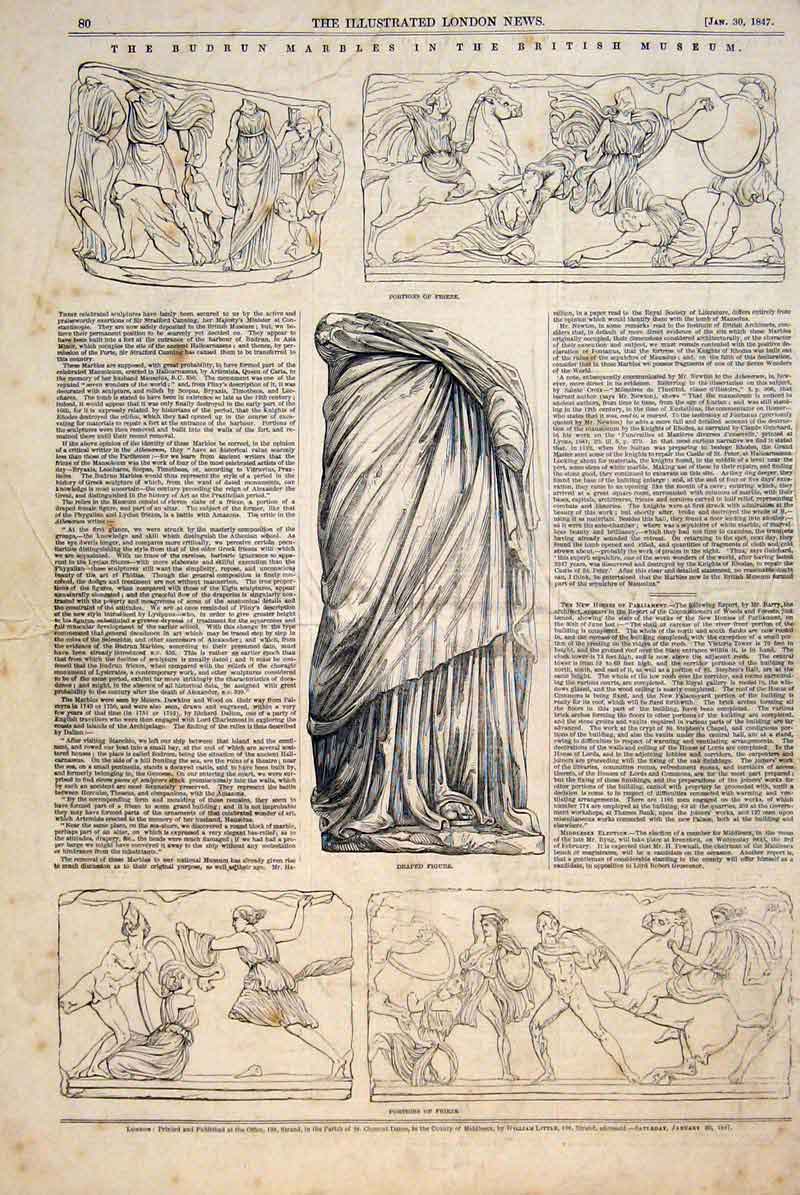Original Old Antique Print Budrun Marble British Museum Statue Frieze 1874 19th