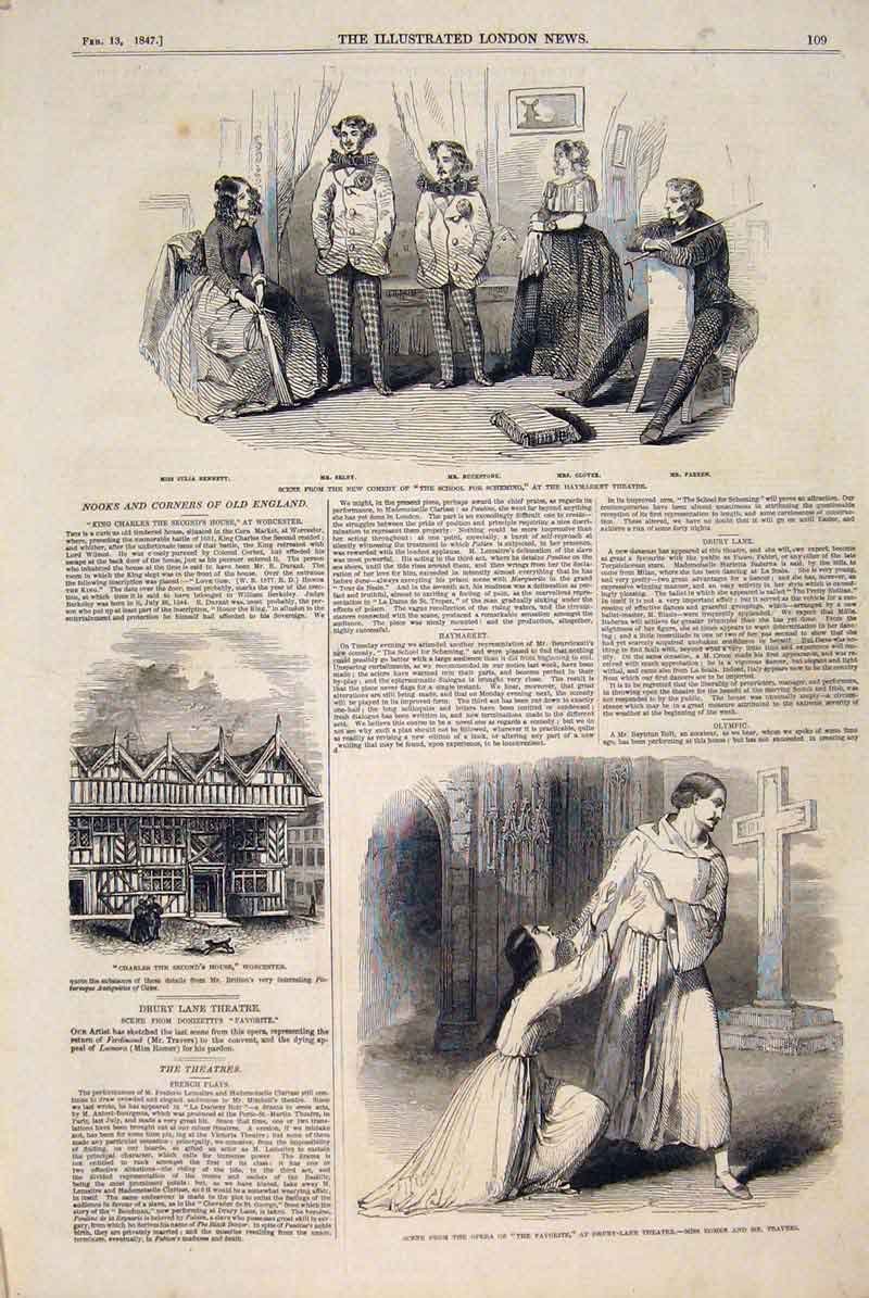 Original Old Antique Print Haymarket Theatre Comedy Drury Lane Worcester 1874