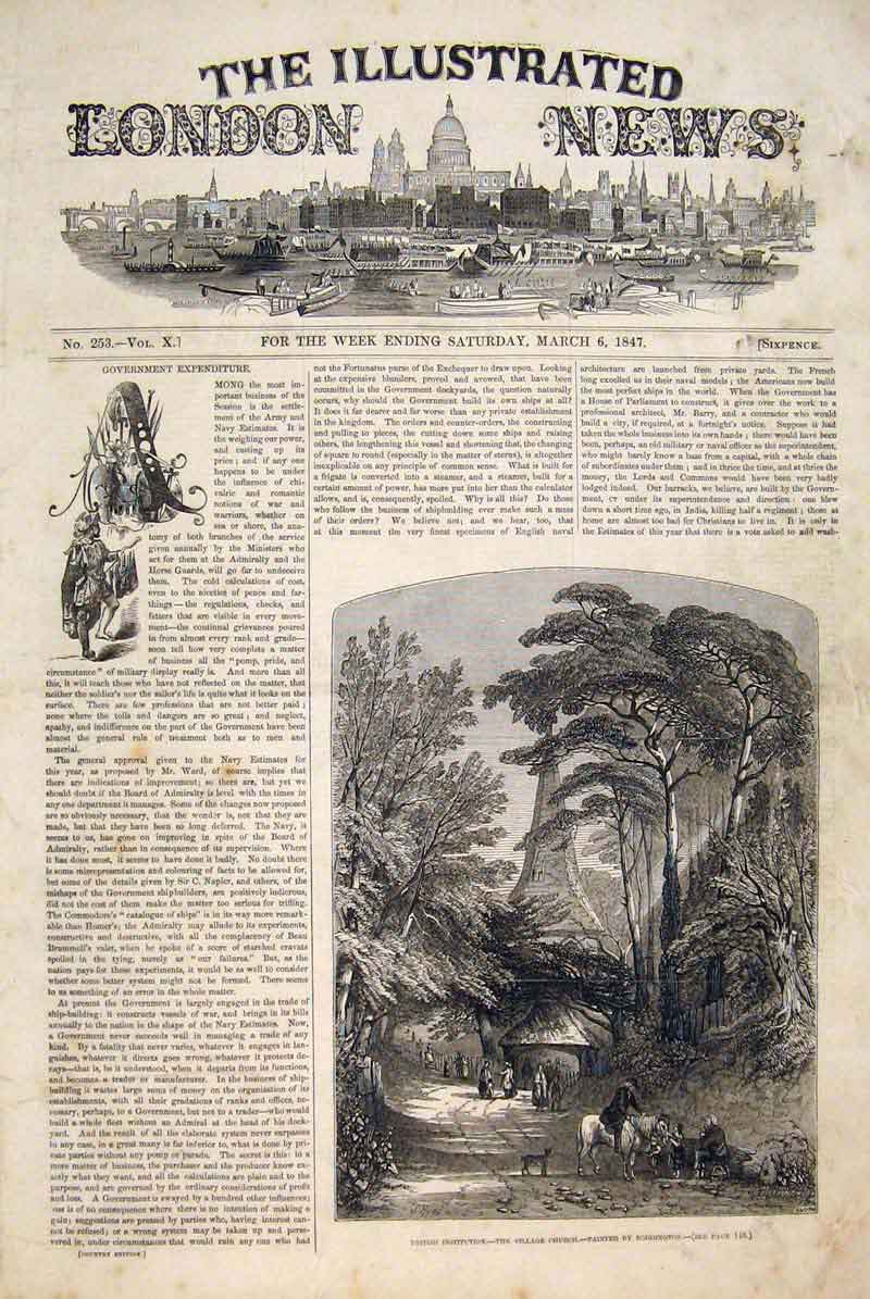 Original Old Antique Print Village Church Boddington British Institution 1847
