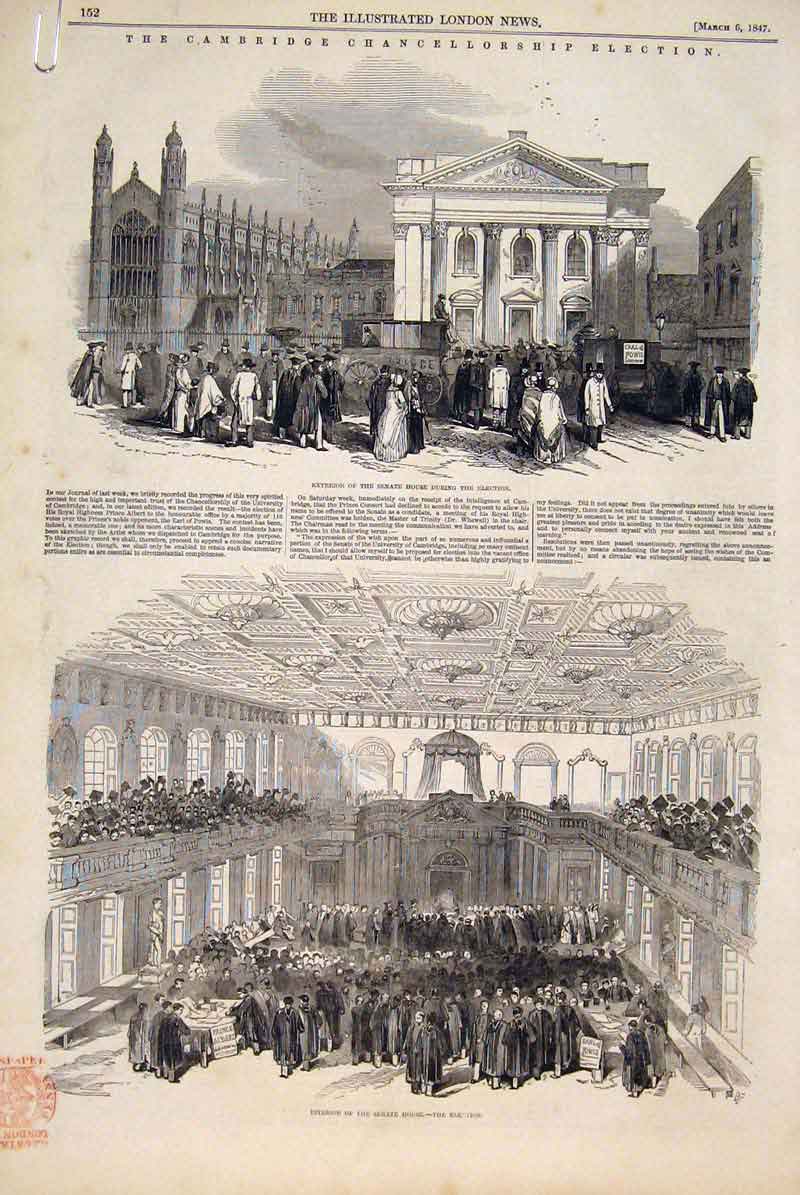 Old Antique Print Cambridge Chancellor Election Senate House Railway 1847 19th