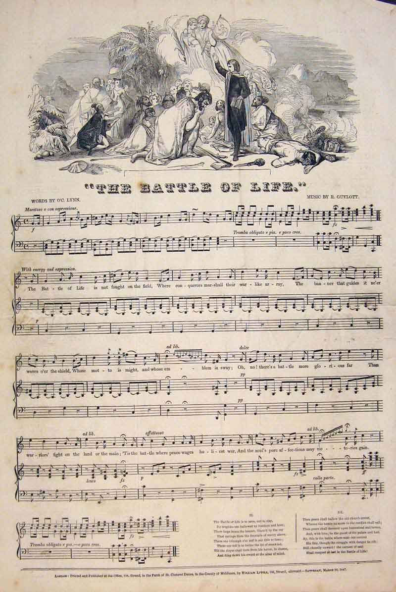 Original Old Antique Print Battle Life Song Music Score Lynn Guylott 1847 19th