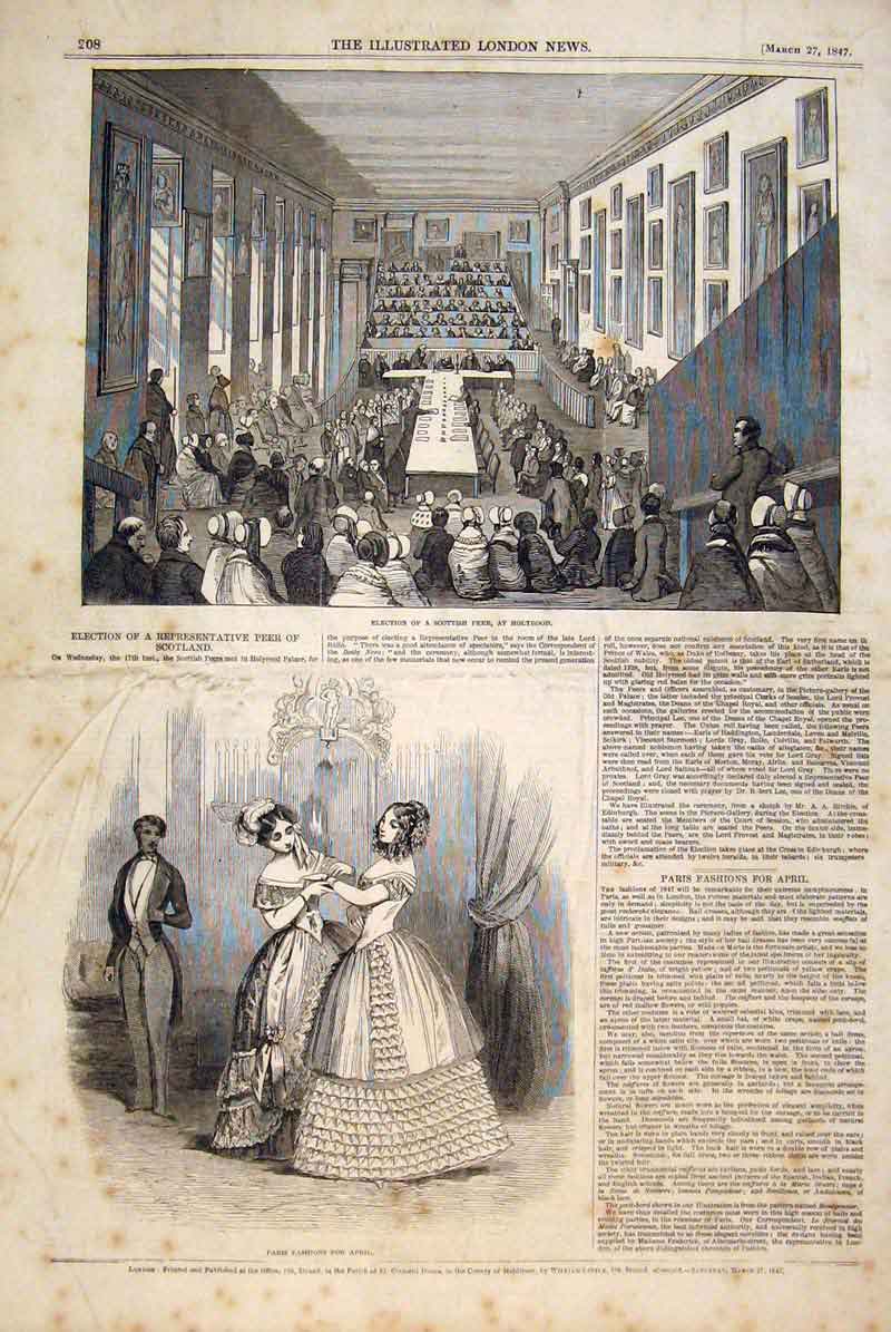Original Old Antique Print Election Scottish Peer Holyrood Paris Fashions 1847