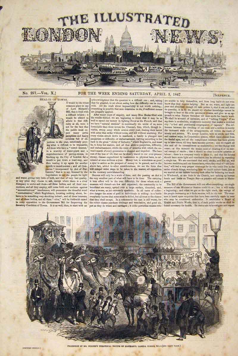 Original Old Antique Print Procession Hughes Theatrical Troupe Elephants Camel