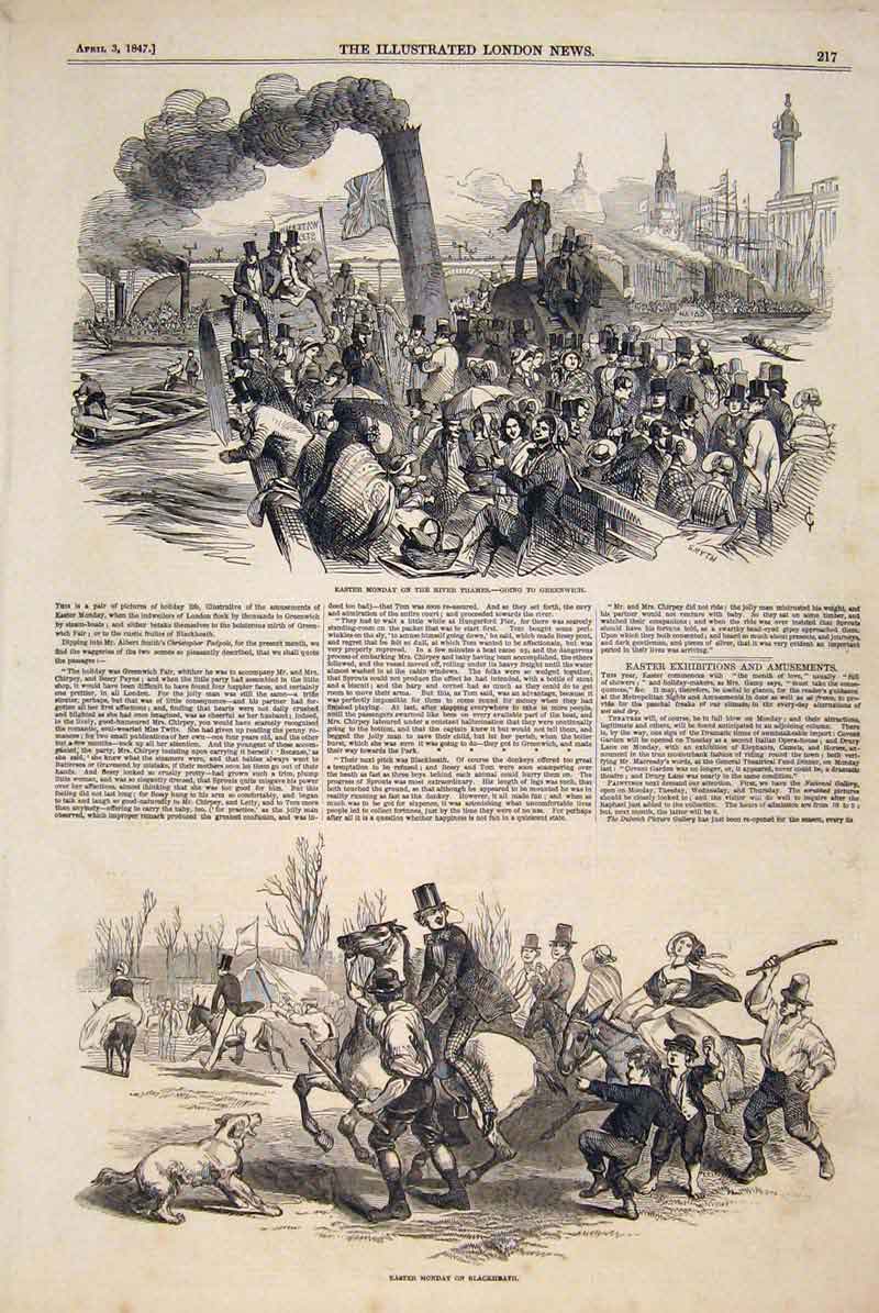 Original Old Antique Print River Thames Greewich Balckheath Easter Monday 1847