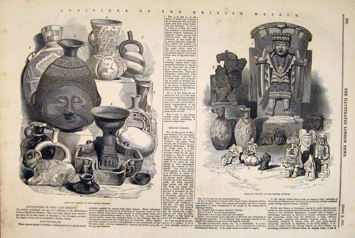 Original Old Antique Print British Museum Peruvian Vessels Mexican Remains 1847