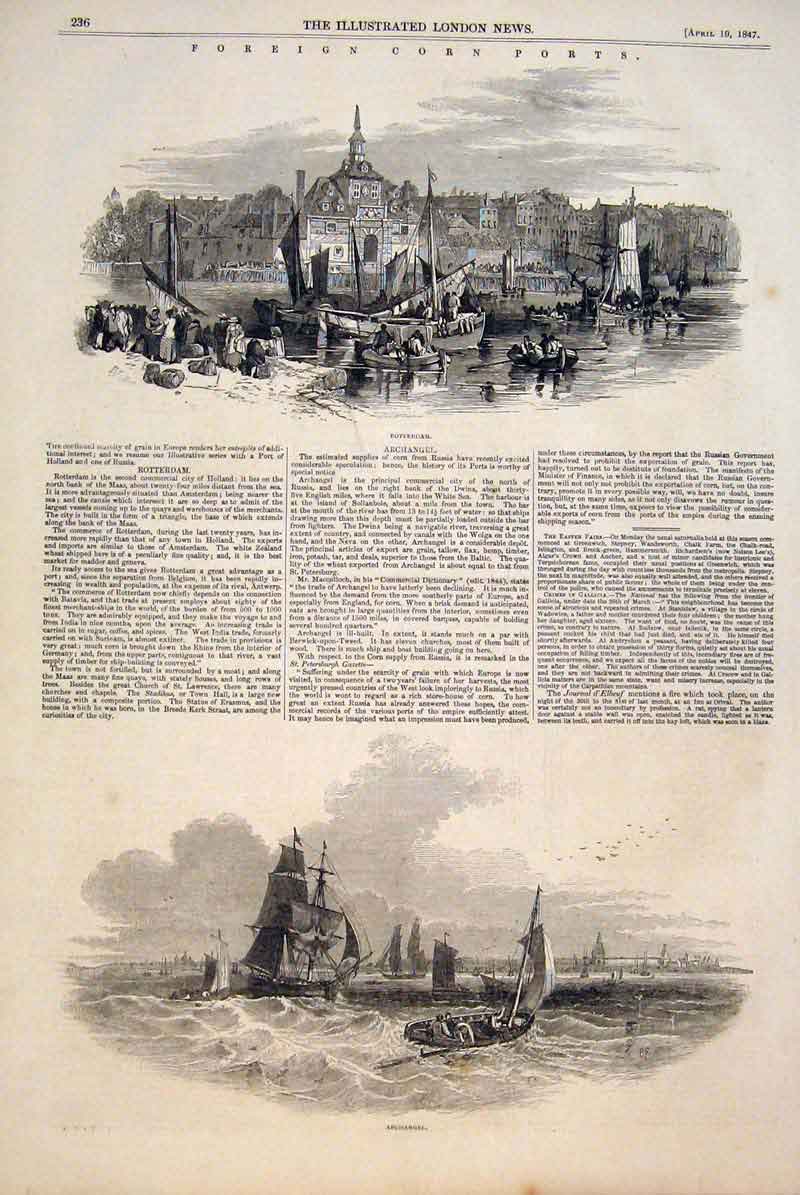 Original Old Antique Print Corn Port Rotterdam Archangel Ship Holland 1847 19th