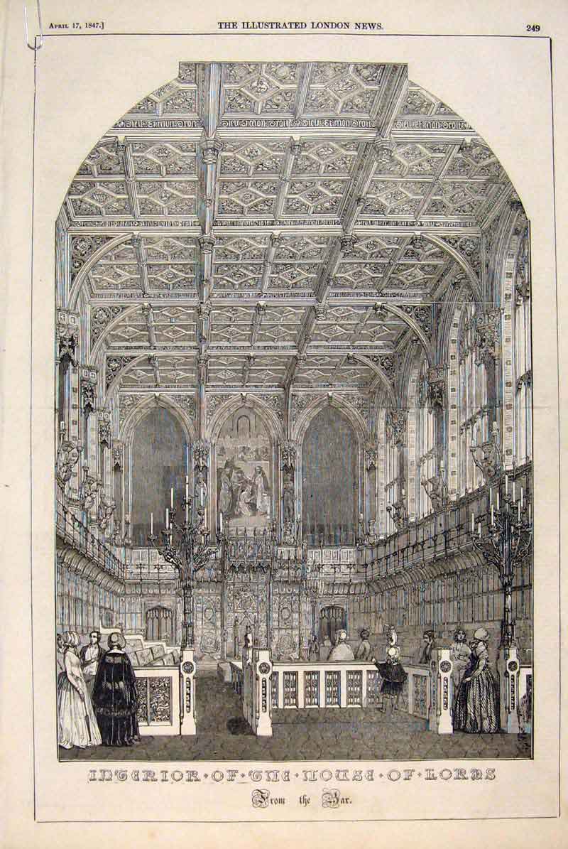Old Antique Print House Lords London Interior Exterior Court Panels 1847 19th