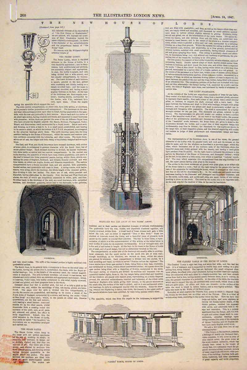 Original Old Antique Print House Lords Gas Light Peers Lobby Brass Gates 1847